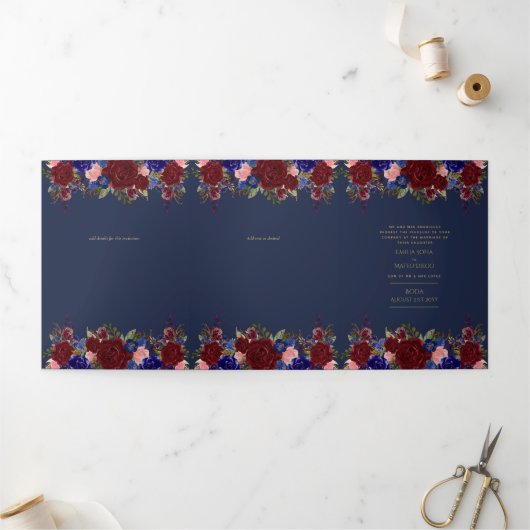 Nuestra Boda Burgundy Blue Floral Wedding Invite Drieluik Uitnodiging (Buitenkant)