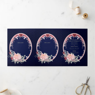 Nuestra Boda Burgundy Blue Floral Wedding Invite Drieluik Uitnodiging