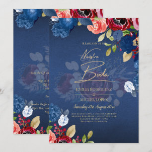 NUESTRA BODA Burgundy Blue Floral Wedding INVITE Kaart