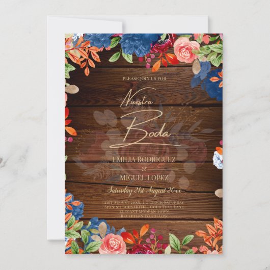 NUESTRA BODA Burgundy Blue Floral Wedding INVITE Kaart (Voorkant)