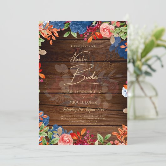 NUESTRA BODA Burgundy Blue Floral Wedding INVITE Kaart (Staand voorkant)