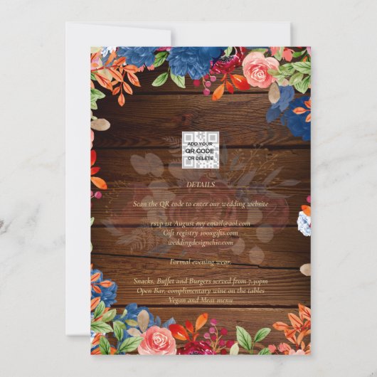 NUESTRA BODA Burgundy Blue Floral Wedding INVITE Kaart (Achterkant)