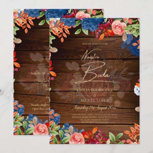 NUESTRA BODA Burgundy Blue Floral Wedding INVITE Kaart (Voorkant / Achterkant)