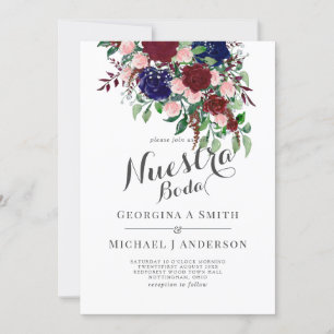 Nuestra Boda- Burgundy Blue Spanish Wedding Invite Kaart