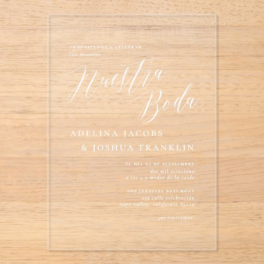 Nuestra Boda Caligrafía Moderna Elegante bruiloft Acryl Uitnodigingen (Voorkant)
