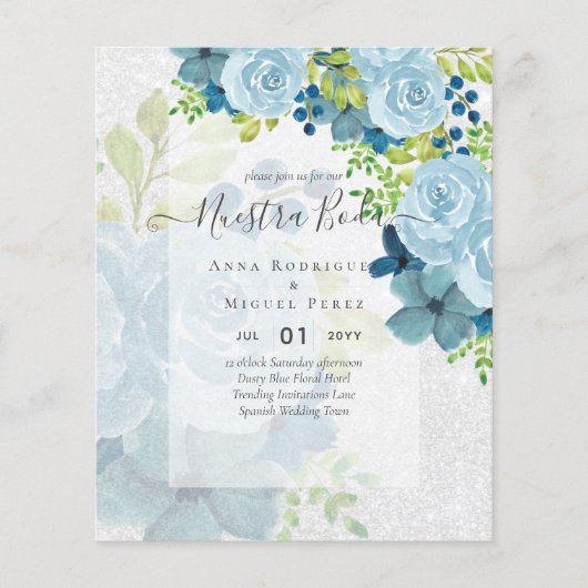 NUESTRA BODA Dusty Blue Floral BUDGET Flyer (Voorkant)
