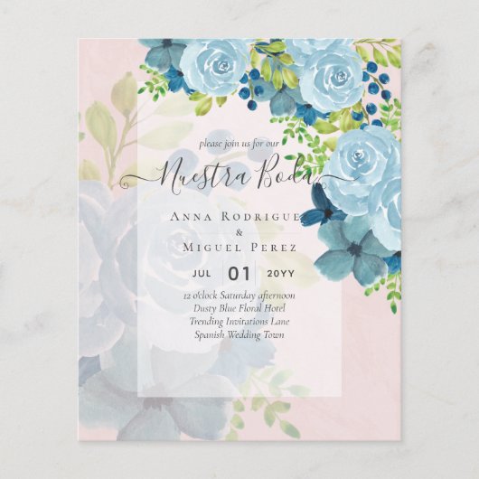 NUESTRA BODA Dusty Blue Floral BUDGET Flyer (Voorkant)