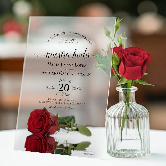 Nuestra Boda Elegant Red Rose Spanish Wedding Acryl Uitnodigingen
