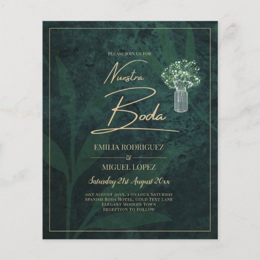 NUESTRA BODA Emerald Green Gold Gypsophila INVITE Flyer (Voorkant)