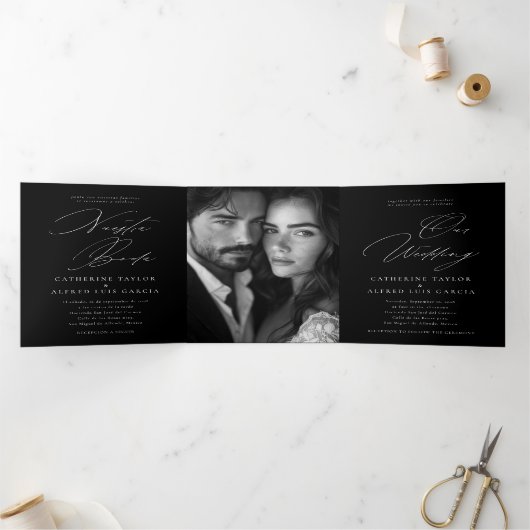 Nuestra Boda Engels Spaans tweetalig huwelijk Drieluik Uitnodiging (Binnen)