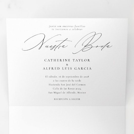 Nuestra Boda Engels Spaans tweetalige bruiloft Drieluik Uitnodiging (Binnenzijde eerst)