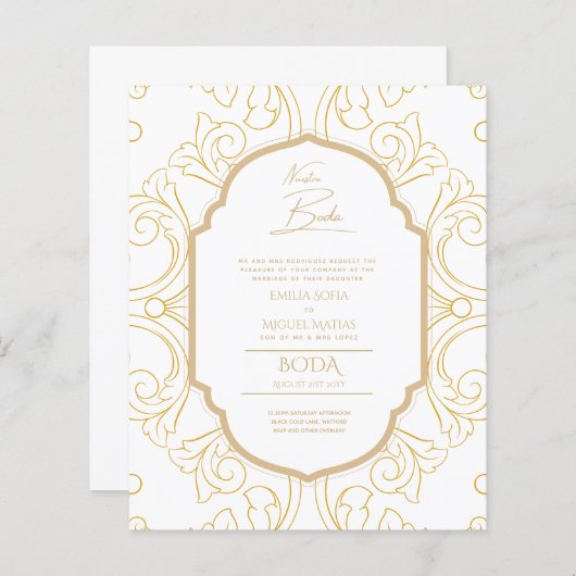Nuestra Boda GOLD Lijst Spaans huwelijk INVITE (Voorkant / Achterkant)