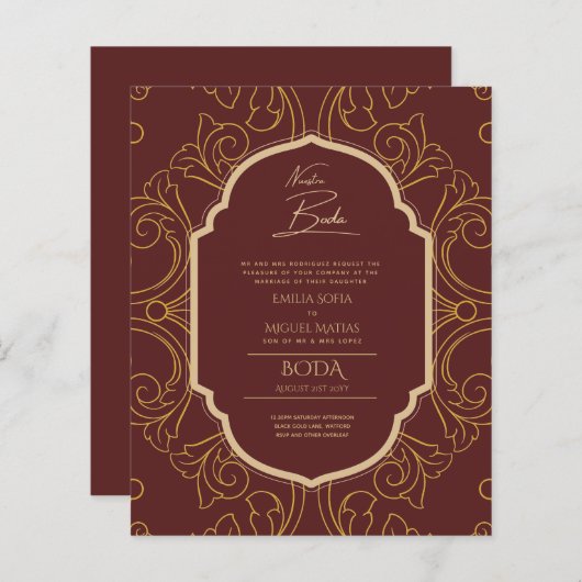 Nuestra Boda GOLD Lijst Spaans huwelijk INVITE (Voorkant / Achterkant)