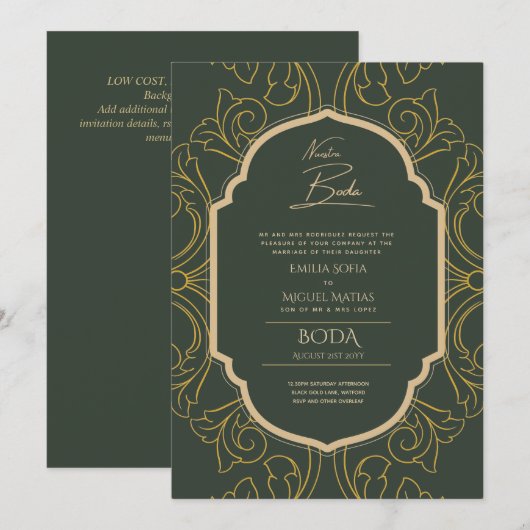 Nuestra Boda GOLD Lijst Spaans huwelijk INVITE Kaart (Voorkant / Achterkant)