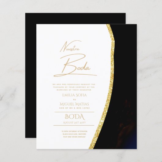 Nuestra Boda Gold Text AGATE Wedding INVITE (Voorkant / Achterkant)