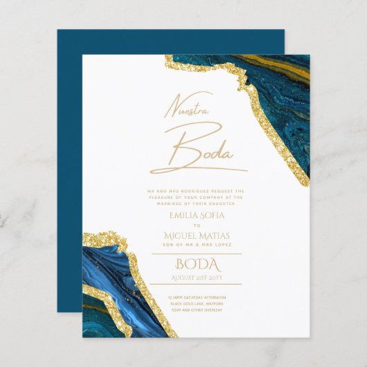 Nuestra Boda Gold Text AGATE Wedding INVITE (Voorkant / Achterkant)