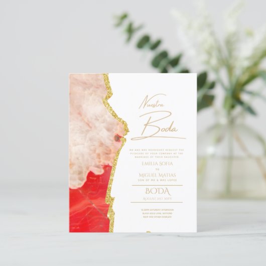 Nuestra Boda Gold Text AGATE Wedding INVITE (Staand voorkant)