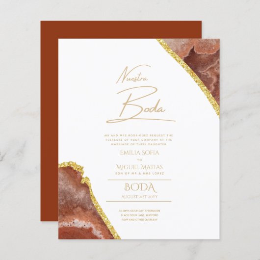 Nuestra Boda Gold Text AGATE Wedding INVITE (Voorkant / Achterkant)