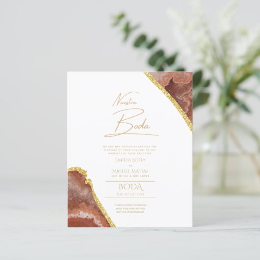 Nuestra Boda Gold Text AGATE Wedding INVITE (Staand voorkant)