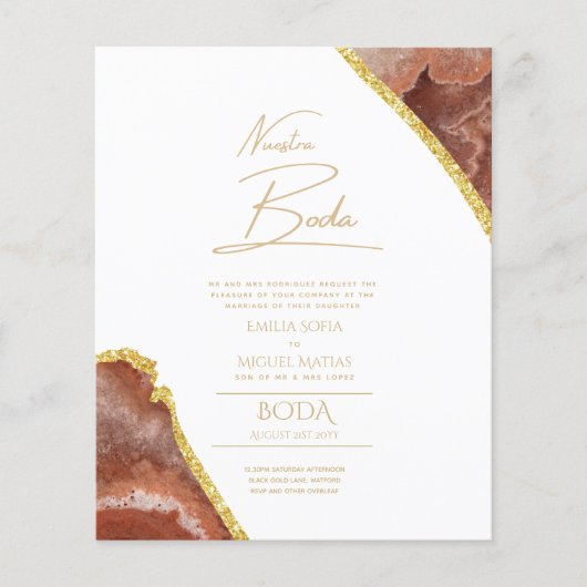 Nuestra Boda Gold Text AGATE Wedding INVITE (Voorkant)