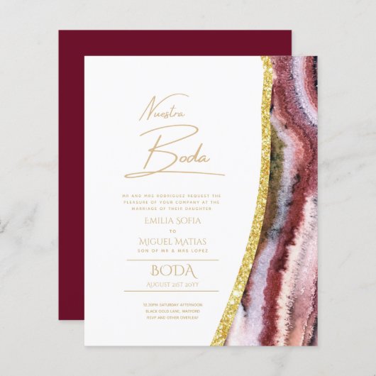 Nuestra Boda Gold Text AGATE Wedding INVITE (Voorkant / Achterkant)
