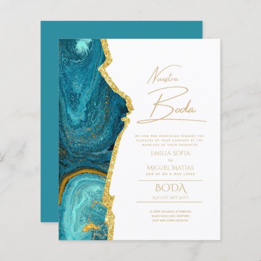 Nuestra Boda Gold Text AGATE Wedding INVITE (Voorkant / Achterkant)
