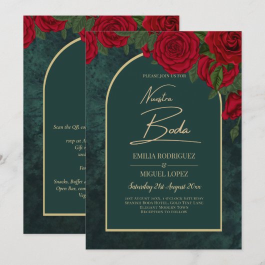 NUESTRA BODA Green Gold RED Roses Winter INVITE Kaart (Voorkant / Achterkant)
