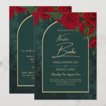 NUESTRA BODA Green Gold RED Roses Winter INVITE