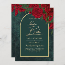 NUESTRA BODA Green Gold RED Roses Winter INVITE Kaart