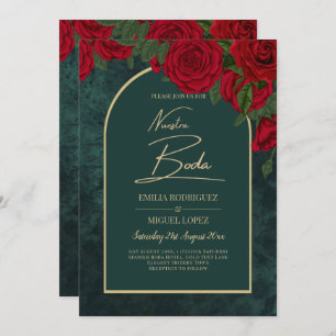 NUESTRA BODA Green Gold RED Roses Winter INVITE Kaart