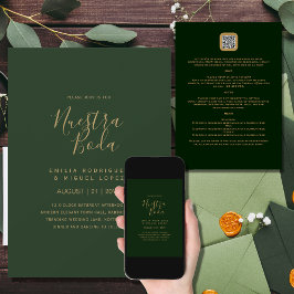 NUESTRA BODA GREEN GOLD RSVP MENU DETAILS QRCode Kaart