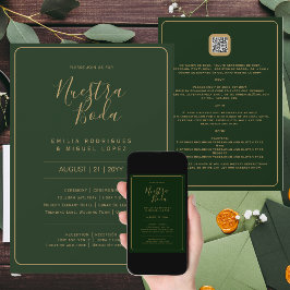 NUESTRA BODA GREEN GOLD RSVP MENU DETAILS QRCode Kaart