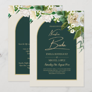 NUESTRA BODA Green Gold White Roses Winter INVITE Kaart