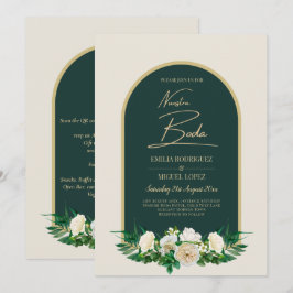 NUESTRA BODA Green Gold White Roses Winter INVITE Kaart