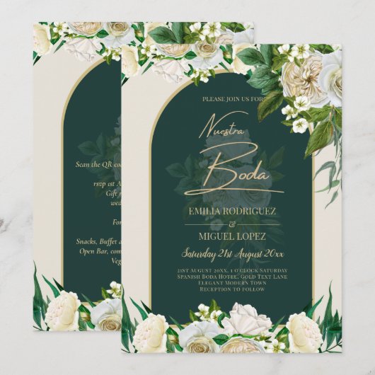 NUESTRA BODA Green Gold White Roses Winter INVITE Kaart (Voorkant / Achterkant)