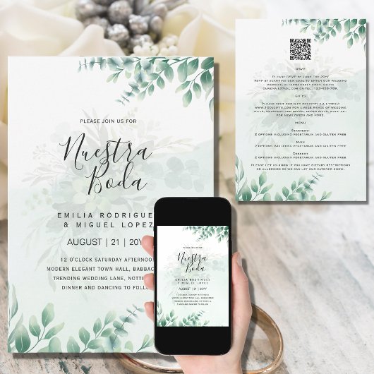 NUESTRA BODA Greenery RSVP MENU DETAILS QRCode Kaart
