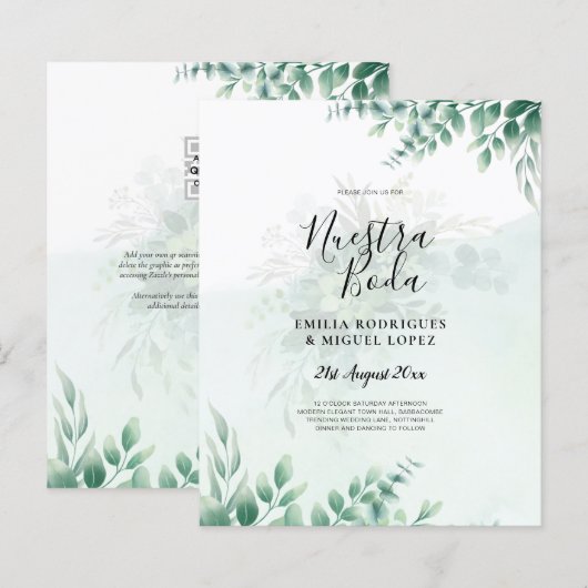 NUESTRA BODA Greenery Spanish WEDDING Invitation (Voorkant / Achterkant)