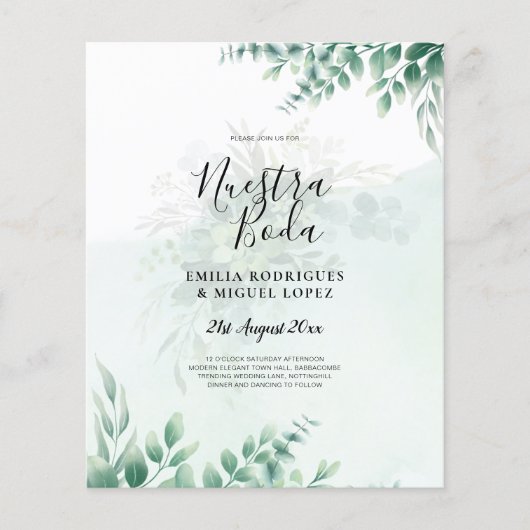 NUESTRA BODA Greenery Spanish WEDDING Invitation Flyer (Voorkant)
