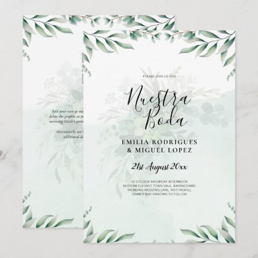 NUESTRA BODA Greenery Spanish WEDDING Invitation Kaart (Voorkant / Achterkant)