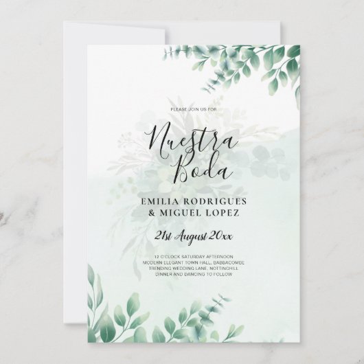 NUESTRA BODA Greenery Spanish WEDDING Invitation Kaart (Voorkant)