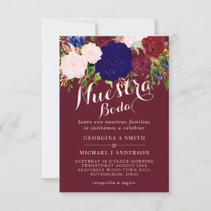 Nuestra Boda Invitacion Burgundy Blue Pink Floral Kaart