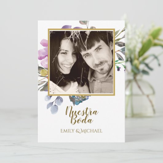 Nuestra Boda Invitacion - PHOTO Wedding Paars Kaart (Staand voorkant)