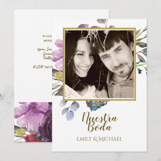 Nuestra Boda Invitacion - PHOTO Wedding Paars Kaart (Voorkant / Achterkant)