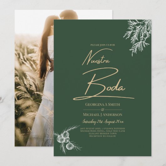 Nuestra Boda PHOTO Wedding Invite Juniper Green Kaart (Voorkant / Achterkant)