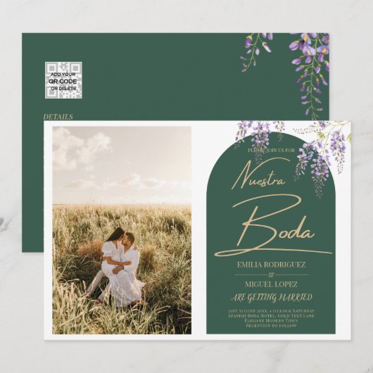 NUESTRA BODA PHOTO Wisteria Spanish Wedding Invite Kaart (Voorkant / Achterkant)