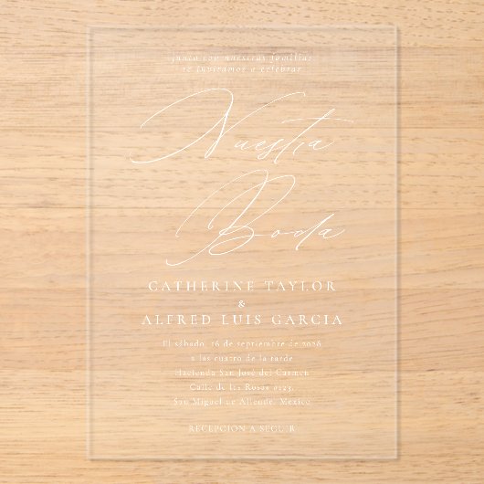 Nuestra Boda Spaans Taal Wit Script Trouwen Acryl Uitnodigingen (Voorkant)