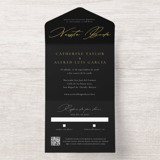 Nuestra Boda Spanish Language Black Script Wedding All In One Uitnodiging (Binnenkant)