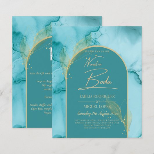 NUESTRA BODA Turquoise Blauwgroen Gold Wedding INV (Voorkant / Achterkant)