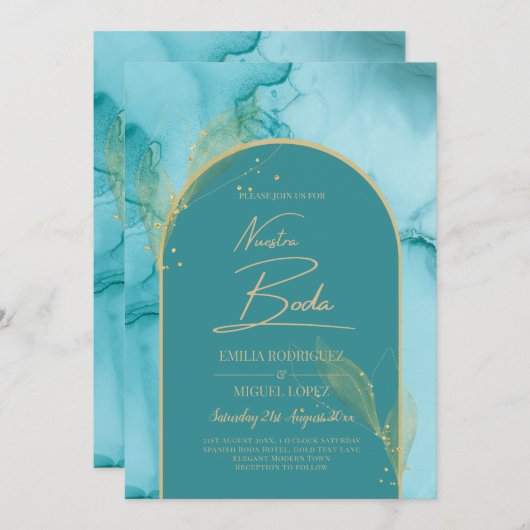 NUESTRA BODA Turquoise Blauwgroen Gold Wedding INV Kaart (Voorkant / Achterkant)