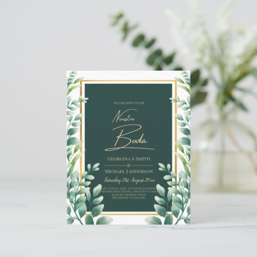 Nuestra Boda Uitnodiging Groen Goud (Staand voorkant)